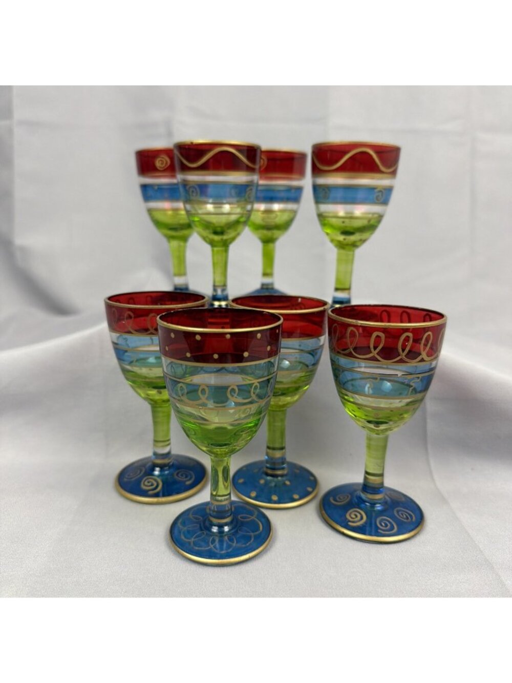 Vintage Pier 1 Imports Set 8 Hand Painted Cordial Stemmed Glasses Red Blue Bands